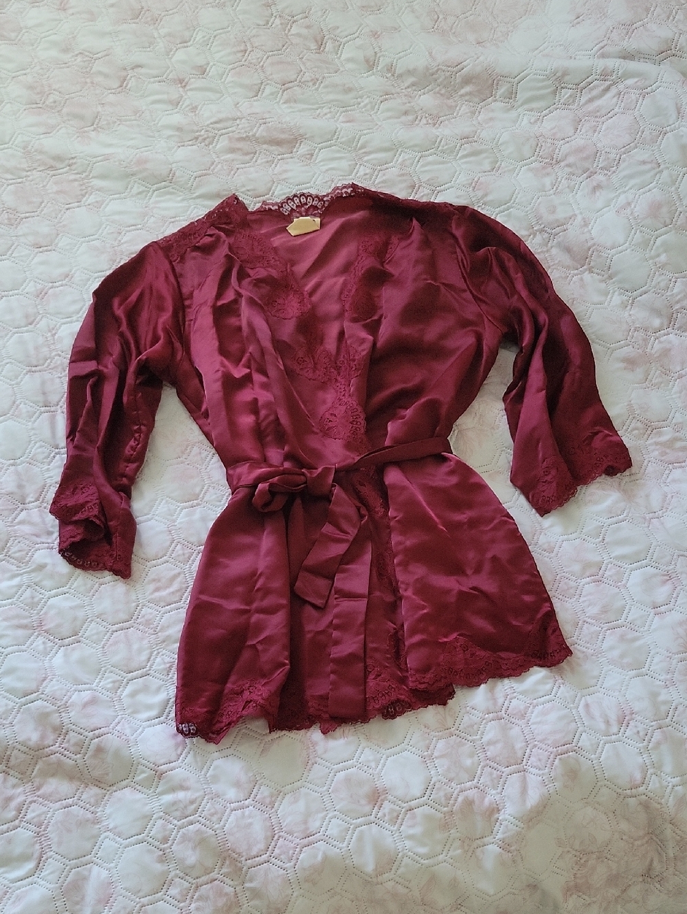 Victoria's Secret Burgundy Satin Lace-Trim Wrap Robe